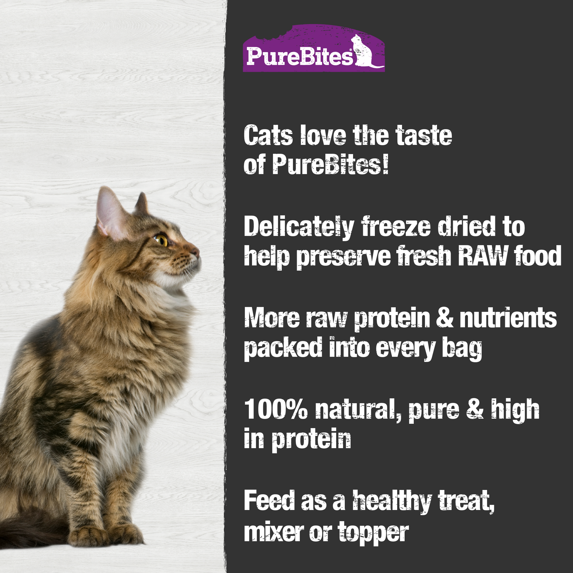 Made fresh & pure means more RAW protein and nutrients packed into every bag. Our ocean whitefish  is freeze dried to help preserve its RAW taste, and nutrition, and mirror a cat’s ancestral diet