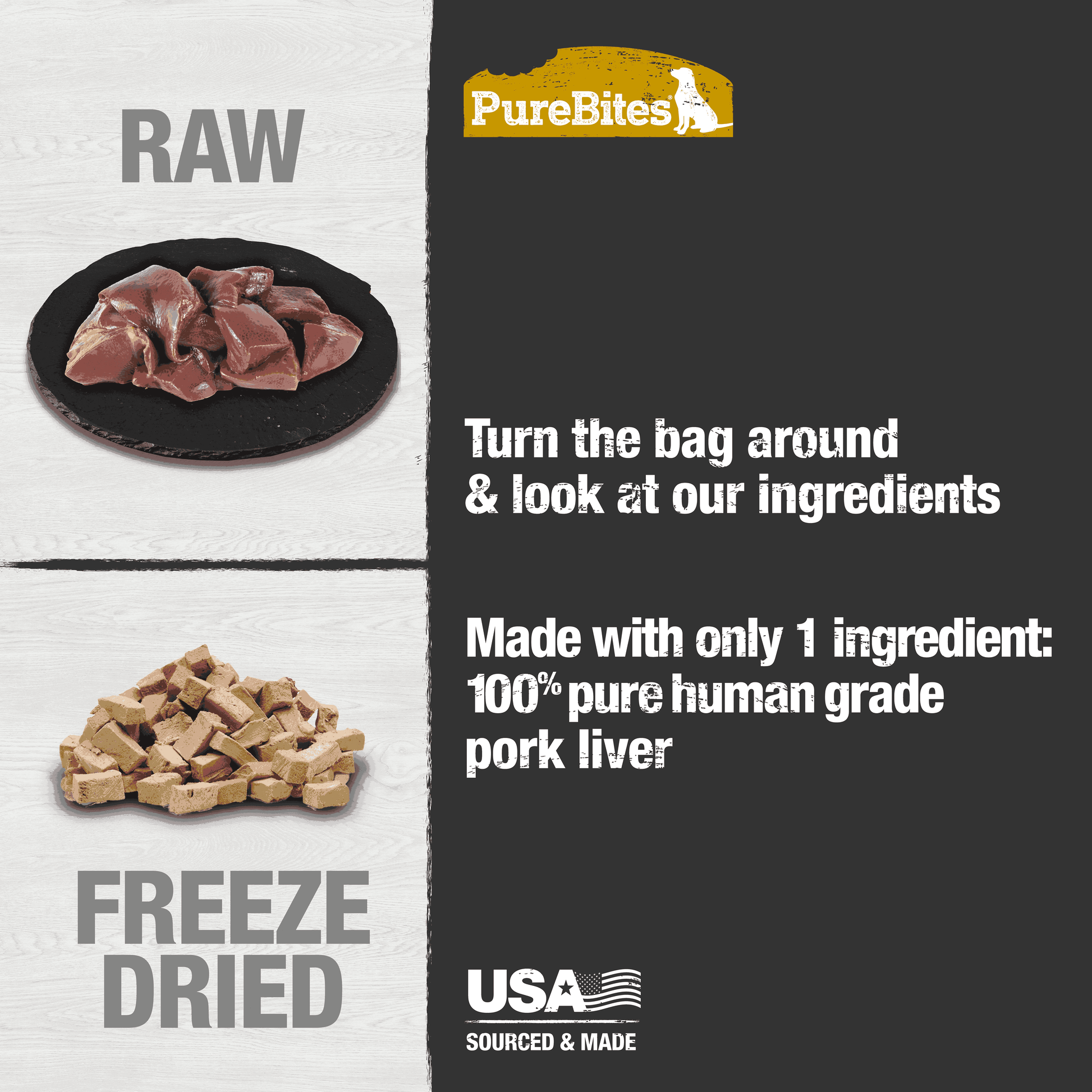 Made with only 1 Ingredient you can read, pronounce, and trust: USA sourced human grade pork liver.