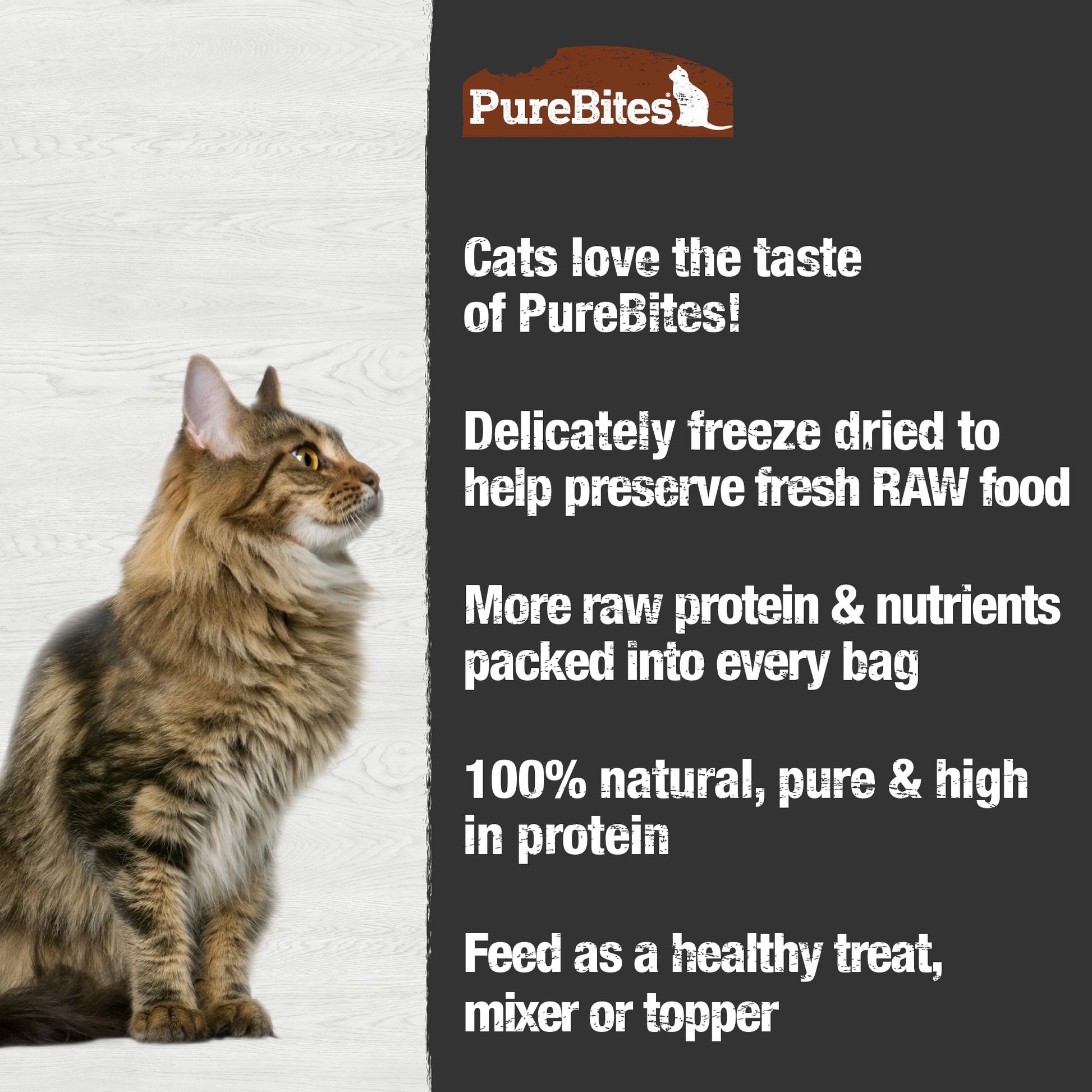 Made fresh & pure means more RAW protein and nutrients packed into every bag. Our turkey is freeze dried to help preserve its RAW taste, and nutrition, and mirror a cat’s ancestral diet