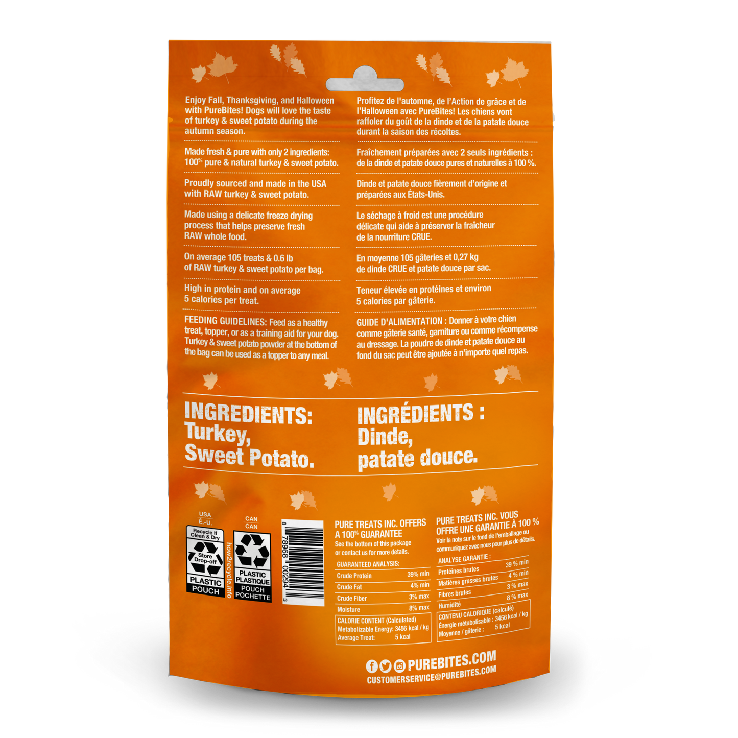Back Image of PureBites Fall Freeze Dried Dog Treats, Turkey & Sweet Potato, 71g | 2.5oz, Mid size