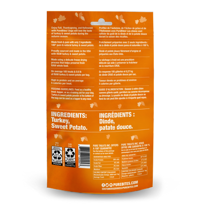 Back Image of PureBites Fall Freeze Dried Dog Treats, Turkey & Sweet Potato, 71g | 2.5oz, Mid size