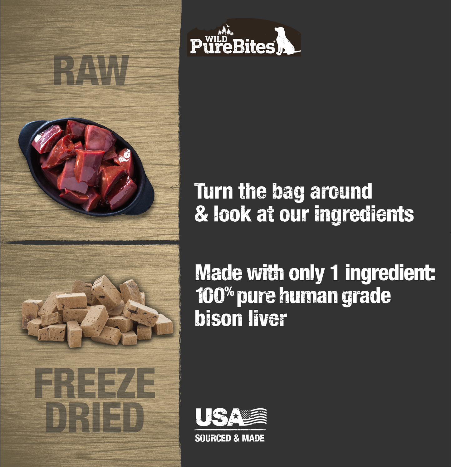 Made with only 1 Ingredient you can read, pronounce, and trust: USA sourced human grade bison liver.