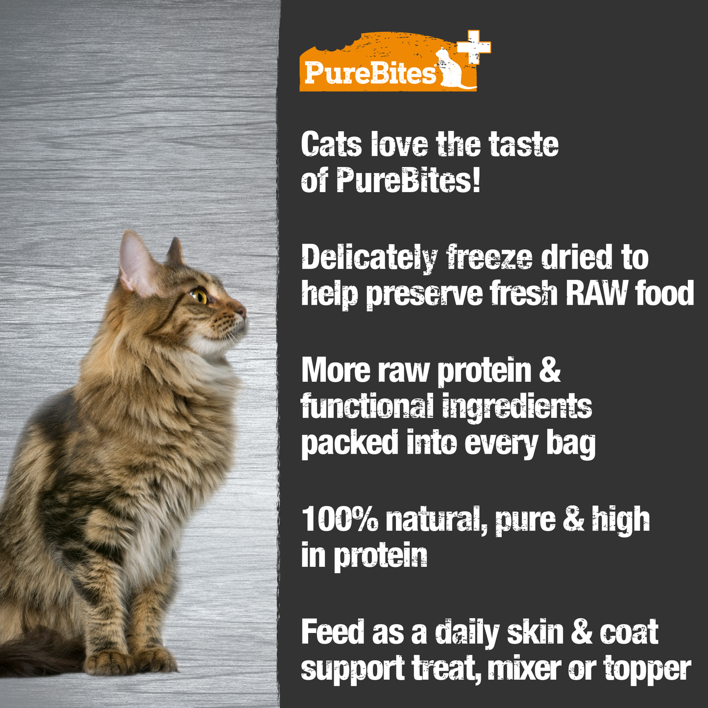 Made fresh & pure means more RAW protein and nutrients packed into every bag. Our skin & coat treats are freeze dried to help preserve their RAW taste, and nutrition, and mirror a cat’s ancestral diet