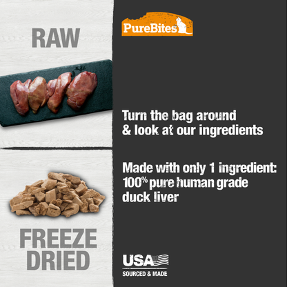 Made with only 1 Ingredient you can read, pronounce, and trust: USA sourced human grade duck liver.