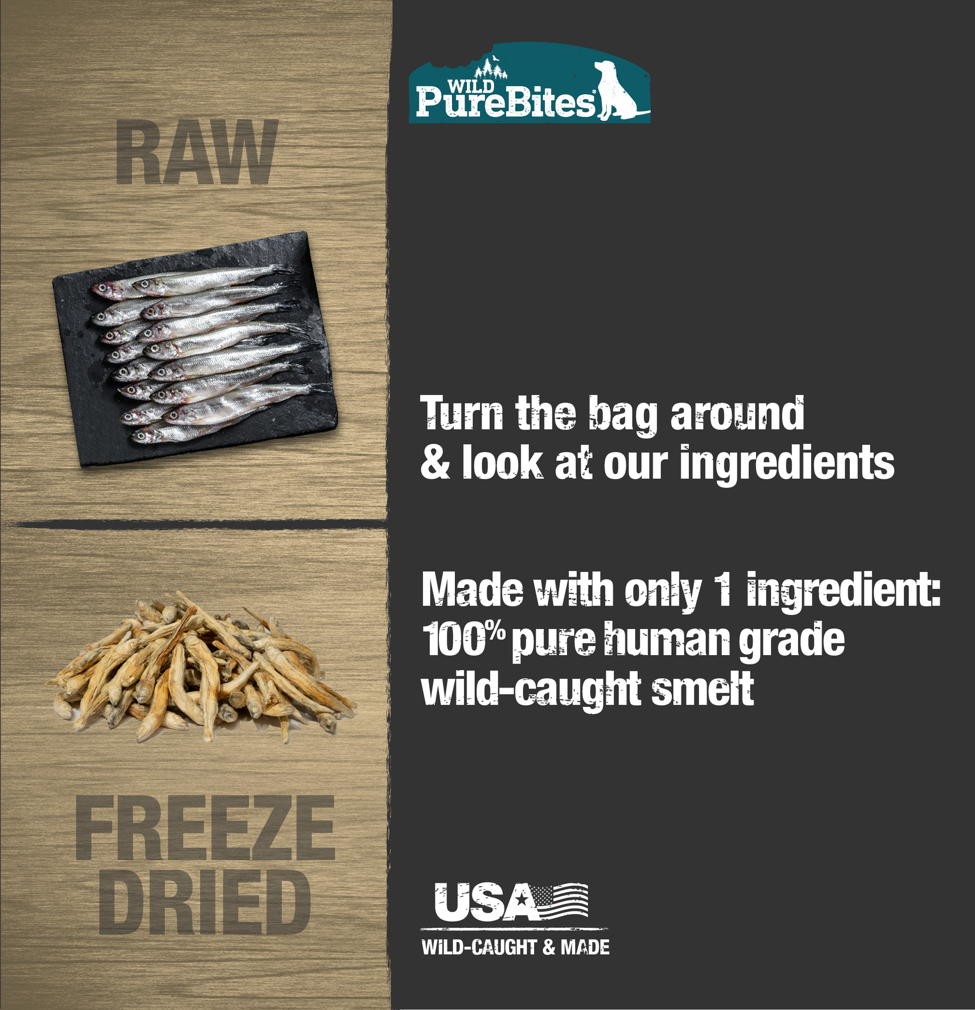 Made with only 1 Ingredient you can read, pronounce, and trust: USA Sourced Wild-Caught Human Grade Smelt.