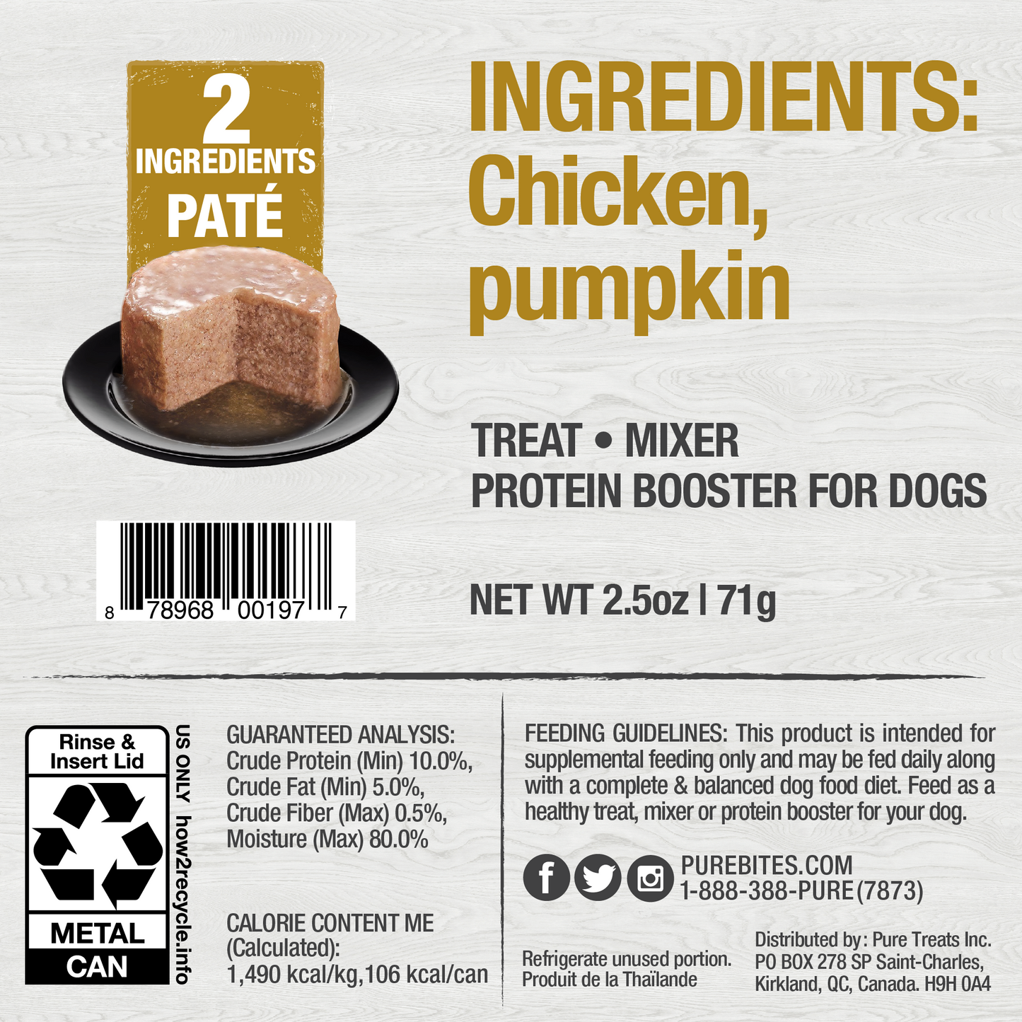 Back Image of PureBites Dog Pates, Chicken & Pumpkin, 71g | 2.5 oz