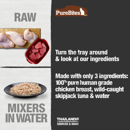 Made with only 3 Ingredients you can read, pronounce, and trust: Water, chicken breast, wild-caught Skipjack tuna