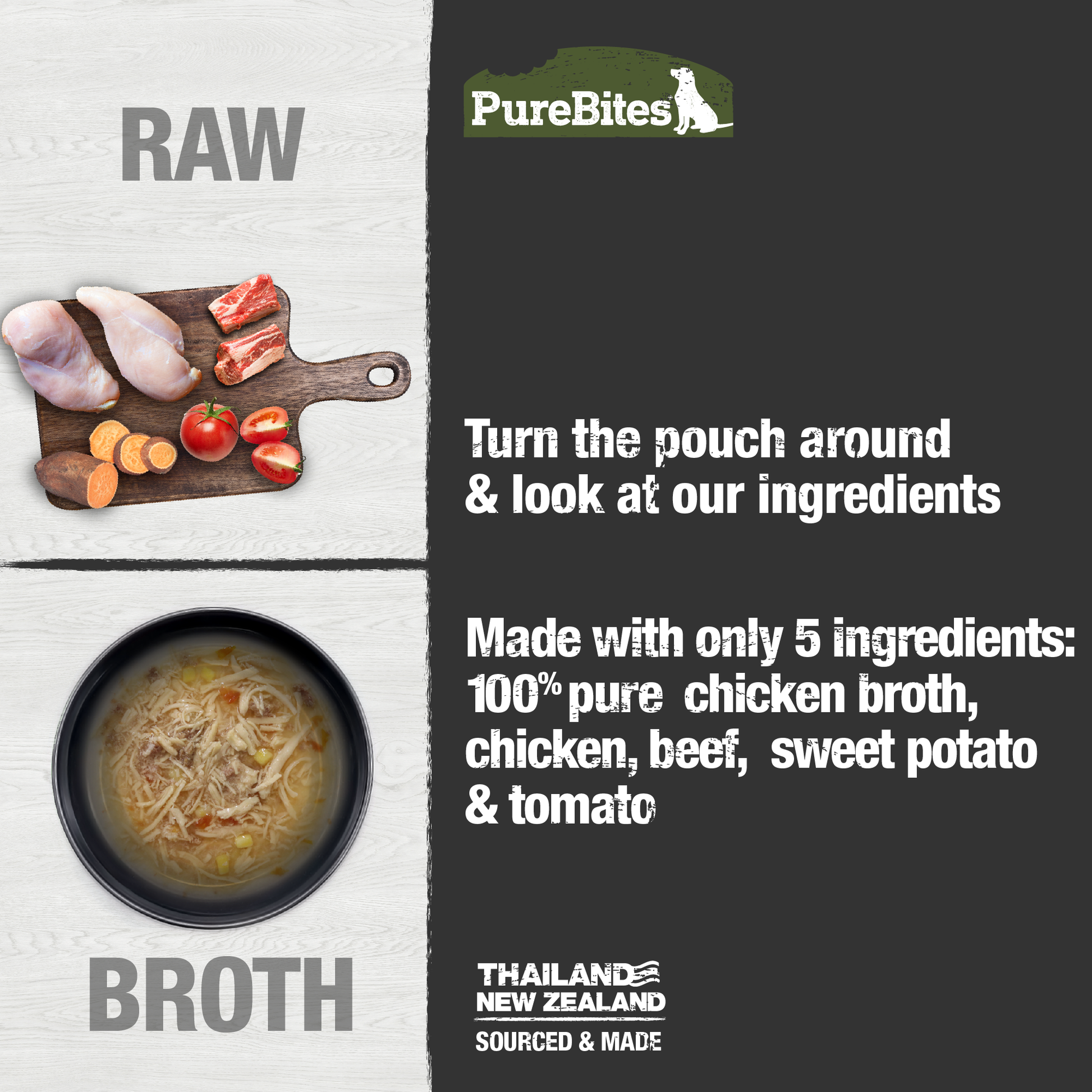 Made with only 5 Ingredients you can read, pronounce, and trust: Chicken broth, chicken, beef, sweet potato, tomato.