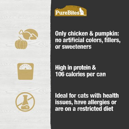 Make snack time or mealtime exciting for picky eaters! PureBites Chicken & Pumpkin Paté is a nutritious, high protein, and flavourful feast with the fresh taste of 100% pure chicken & pumpkin in a delightfully smooth paté texture